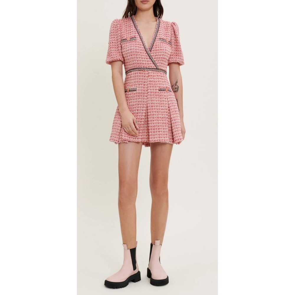 Maje Renita Tweed Mini Dress Rose Rouge Braided Trim Size 40 US 8 Pink Red
